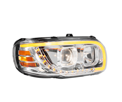Chrome Projection Headlight With LED Turn Signal & Light Bar For 2008-2024 Peterbilt 389-Passenger