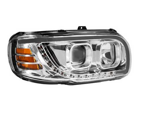 Chrome Projection Headlight With LED Turn Signal & Light Bar For 2008-2024 Peterbilt 389-Passenger