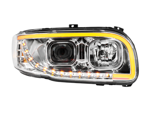 Chrome Projection Headlight With LED Turn Signal & Light Bar For 2008-2024 Peterbilt 389-Passenger
