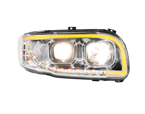 Chrome Projection Headlight With LED Turn Signal & Light Bar For 2008-2024 Peterbilt 389-Passenger