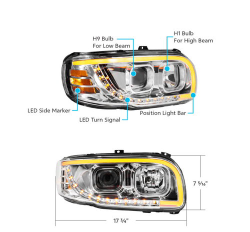 Chrome Projection Headlight With LED Turn Signal & Light Bar For 2008-2024 Peterbilt 389-Passenger
