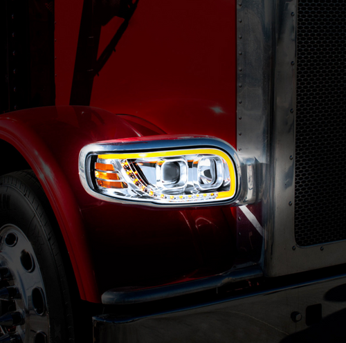 Chrome Projection Headlight With LED Turn Signal & Light Bar For 2008-2024 Peterbilt 389-Passenger