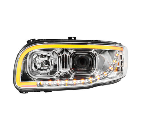 Chrome Projection Headlight With LED Turn Signal & Light Bar For 2008-2024 Peterbilt 389-Driver