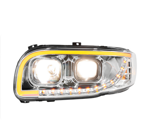 Chrome Projection Headlight With LED Turn Signal & Light Bar For 2008-2024 Peterbilt 389-Driver