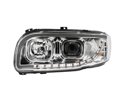 Chrome Projection Headlight With LED Turn Signal & Light Bar For 2008-2024 Peterbilt 389-Driver