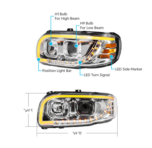 Chrome Projection Headlight With LED Turn Signal & Light Bar For 2008-2024 Peterbilt 389-Driver
