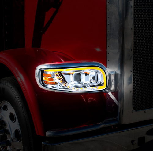 Chrome Projection Headlight With LED Turn Signal & Light Bar For 2008-2024 Peterbilt 389-Driver