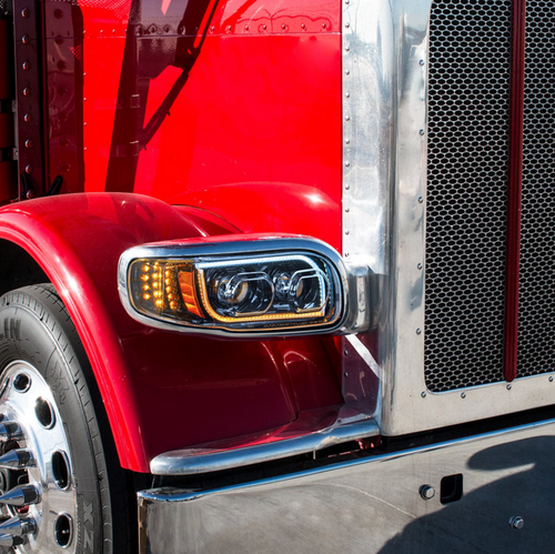High Power LED "Blackout" Headlight With 16 LED Turn & 57 LED Bar For 2008-2024 Peterbilt 389- Driver