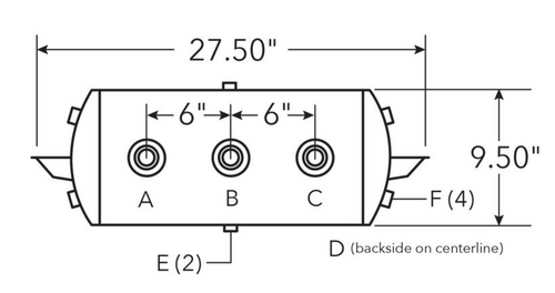 27.50" Aluminum Air Tank, 9.5" Diameter, 3/4" (4) Main Ports, 3/8" (4) End Ports, 1480 cu in