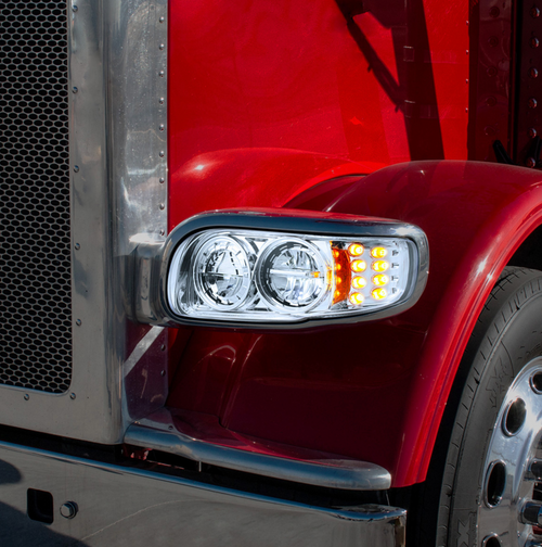High Power LED Chrome Headlight With 8 LED Turn & 4 LED Position Light For 2008-2024 Peterbilt 389-Driver