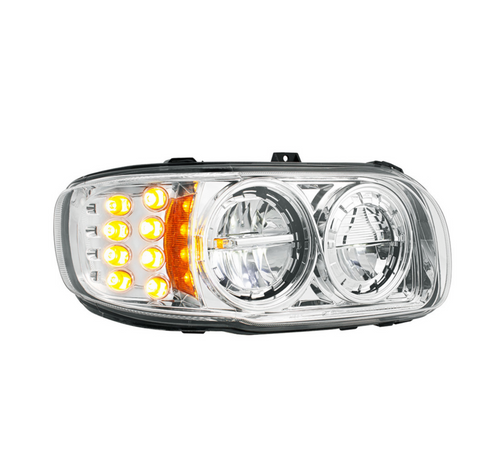 High Power LED Chrome Headlight With 8 LED Turn & 4 LED Position Light For 2008-2024 Peterbilt 389-Passenger