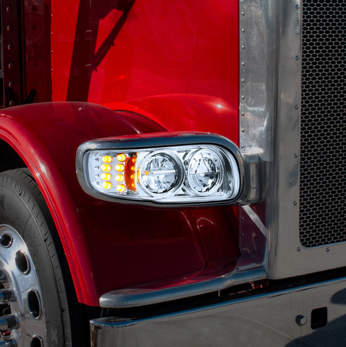 High Power LED Chrome Headlight With 8 LED Turn & 4 LED Position Light For 2008-2024 Peterbilt 389-Passenger