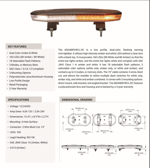 Maxxima Warning Minibar, Amber/White Dual Color, Clear Lens, Permanent Mount