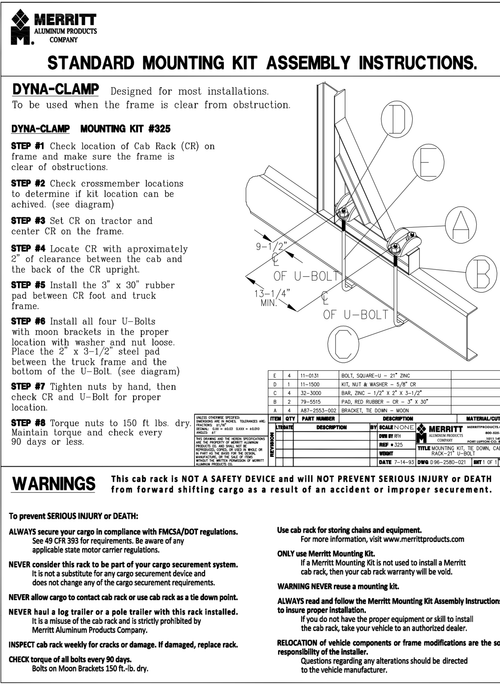 Merritt Dyna-Clamp Kit (21" U-Bolts) For Frame Rails Over 11”