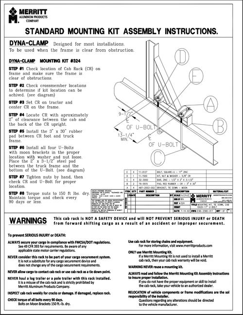 Merritt Dyna-Clamp Kit (17" U-Bolts) For Frame Rails 11” Deep Or Less