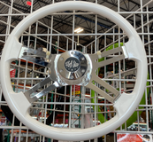 18” Steering Wheel WHITE Chrome 4-Spoke w/ Slot Cut Outs Chrome Horn Button Logo