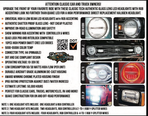 Classic Tech Series 4x6” Replacement LED Headlight with RGB Accent - Single
