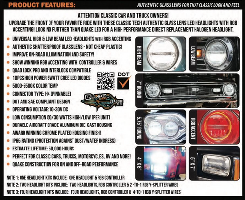 Classic Tech Series 5x7” Replacement LED Headlight with RGB Accent - Single