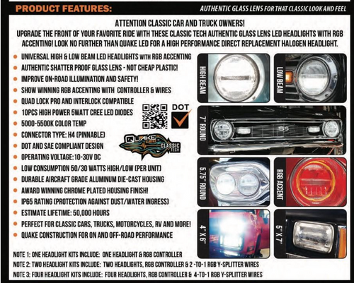 Classic Tech Series 7” Replacement LED Headlight with RGB Accent - Single