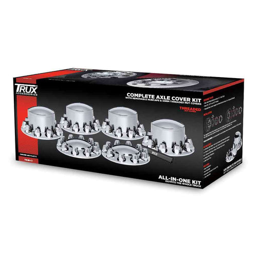 Trux Complete Axle Cover Kit with Removable Hubcaps & 33mm Threaded Nut Covers – Dome Hubcaps | Chrome ABS Plastic