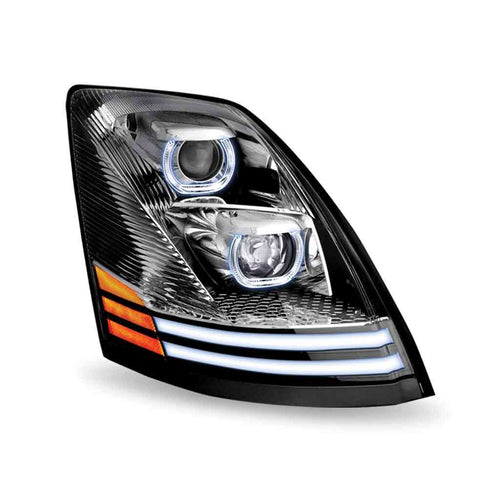 Trux LED Headlights, Volvo Volvo VN/VNL LED Projector Headlight Assembly with LED Glow Position, Turn & Marker Accents – Chrome (Passenger Side) 2003-2017