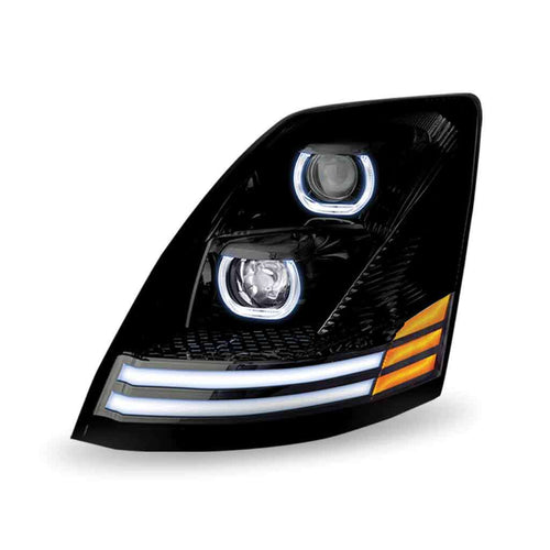 Trux Volvo VN/VNL LED Projector Headlight Assembly with LED Glow Position, Turn & Marker Accents – Black (Driver Side) 2003-2017