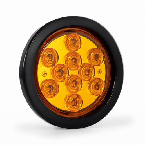 4” Round LED Light With Reflector, w/ Black Rubber Grommet And Pigtail 10Pcs LED, Amber/Amber 12V.