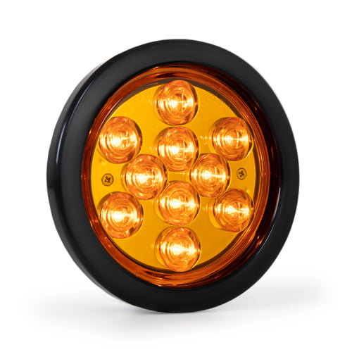 4” Round LED Light With Reflector, w/ Black Rubber Grommet And Pigtail 10Pcs LED, Amber/Amber 12V.