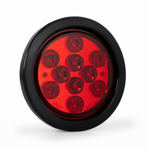 4” Round Light W/ Black Rubber Grommet & Pigtail 10 Pcs LED, Red/Red 12V