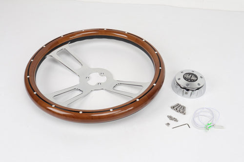 18” Steering Wheel Real Wood  Chrome 3-Spoke w/Slot Cut Outs Chrome Horn Button -Logo