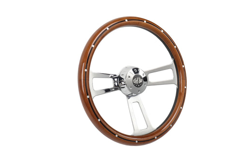 18” Steering Wheel Real Wood  Chrome 3-Spoke w/Slot Cut Outs Chrome Horn Button -Logo