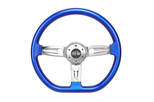 18” Steering Wheel Blue Chrome 3-Spoke Chrome Horn Button -Logo