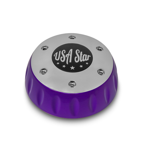 Purple and chrome wheel center cap featuring a black "USA Star" logo on top.