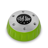 Lime green and chrome wheel center cap featuring a black "USA Star" logo on top.