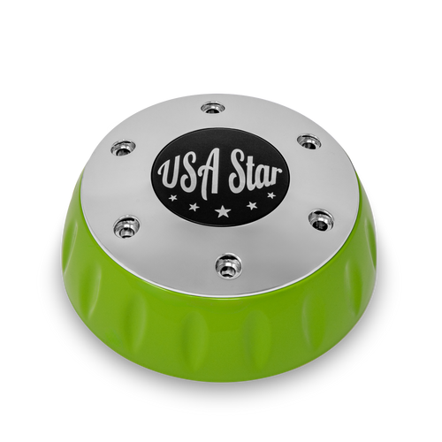 Lime green and chrome wheel center cap featuring a black "USA Star" logo on top.