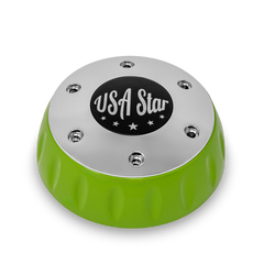 Lime green and chrome wheel center cap featuring a black "USA Star" logo on top.