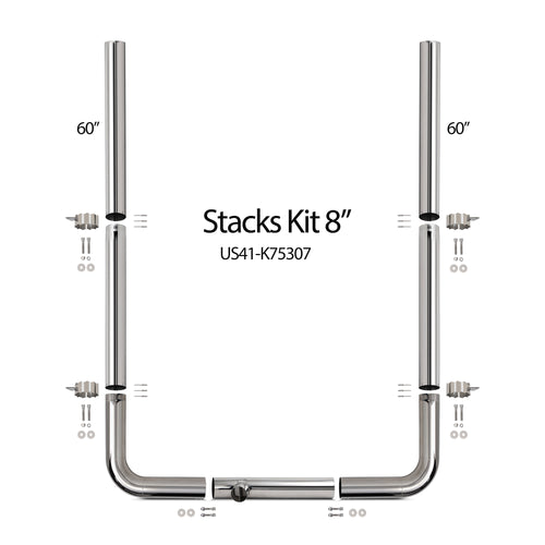60" Top Pipe Complete Peterbilt Stack Kit 8” 304 Stainless Steel Premium, Stove/Flat Top Design includes 8” T polished reduced to 5”