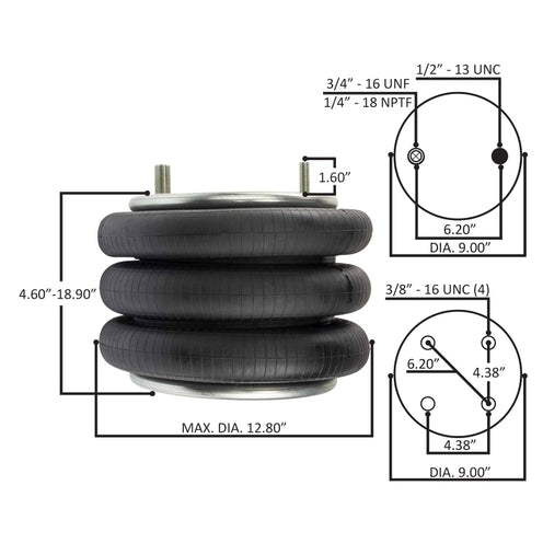 Triple Convoluted Air Spring with Aluminum Base, Replaces Firestone
