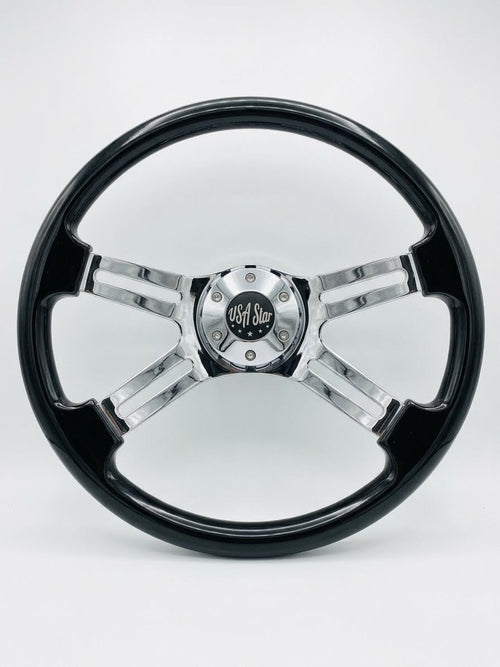 18” Steering Wheel Black Chrome 4-Spoke w/ Slot Cut Outs Chrome Horn Button Logo