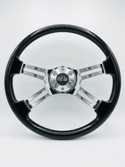 18” Steering Wheel Black Chrome 4-Spoke w/ Slot Cut Outs Chrome Horn Button Logo