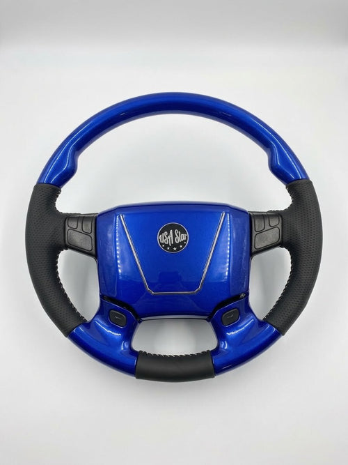 Steering Wheel Sport Luxury fits Volvo VNL 03-2017 with 2 Tone Design Light Custom Blue Viper And Leather Wrap