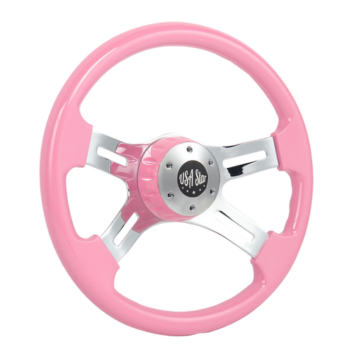 16" Steering Wheel Pink Chrome 4-Spoke w/ Slot Cut Outs Chrome Horn Button - Logo