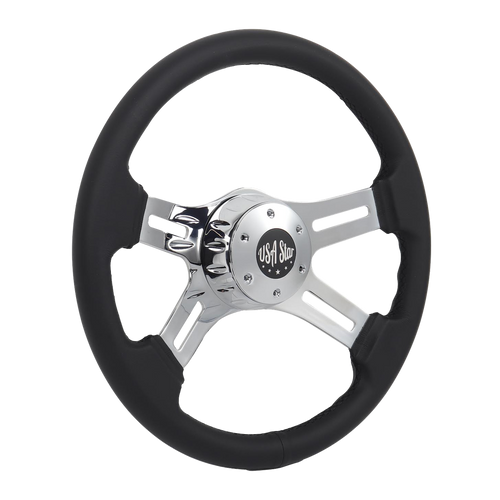 16" Steering Wheel Black Microfiber Chrome 4-Spoke w/ Slot Cut Outs Chrome Horn Button - Logo