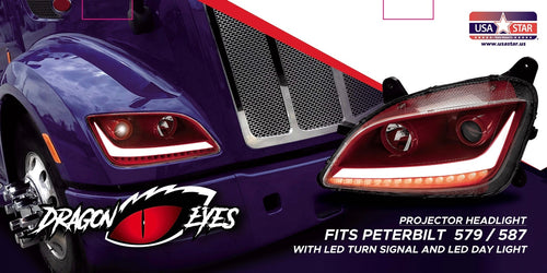 Red Housing Dragon Eyes Headlight With LED Turn Signal and Day Light Bar fits Peterbilt 579 & 587
