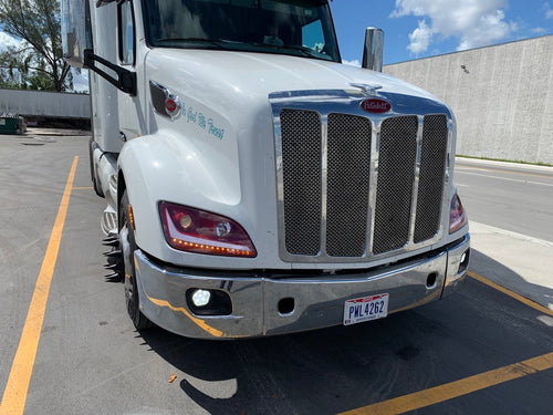 Red Housing Dragon Eyes Headlight With LED Turn Signal and Day Light Bar fits Peterbilt 579 & 587