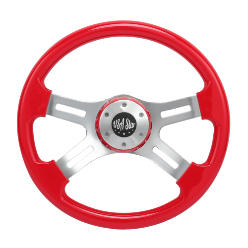 18” Steering Wheel Red Chrome 4-Spoke w/ Slot Cut Outs Chrome Horn Button Logo