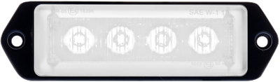 Clear lens white LED warning light, surface mount, hard wired (red=power, black=ground, yellow=pattern selection & sync, white to red=alternate), 8-in. leads, 10-30V