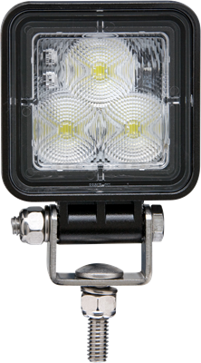 Square LED work light, flood beam, black housing, hard wired (black=power, white=ground), 12-24V