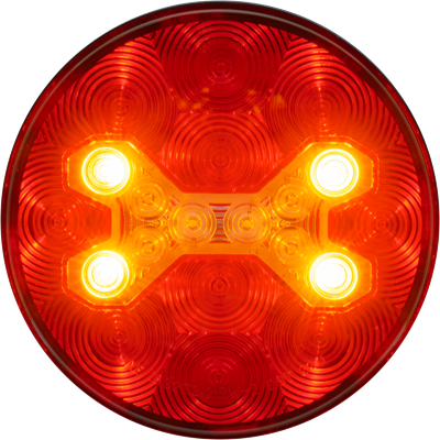 20-LED 4-in. red recess grommet mount stop/turn/tail with built-in white/yellow warning light, hard wired (blue=pattern selection, yellow=sync, green=amber LED warning, orange=white LED warning, white=ground, black=tail, red=stop/turn, brown=back-up); ...