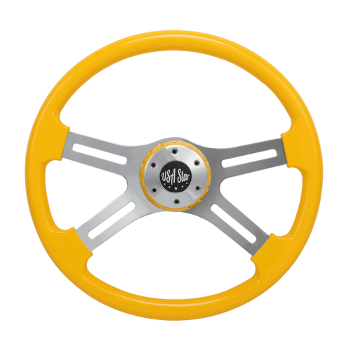 16" Steering Wheel Yellow Chrome 4-Spoke w/ Slot Cut Outs Chrome Horn Button Logo